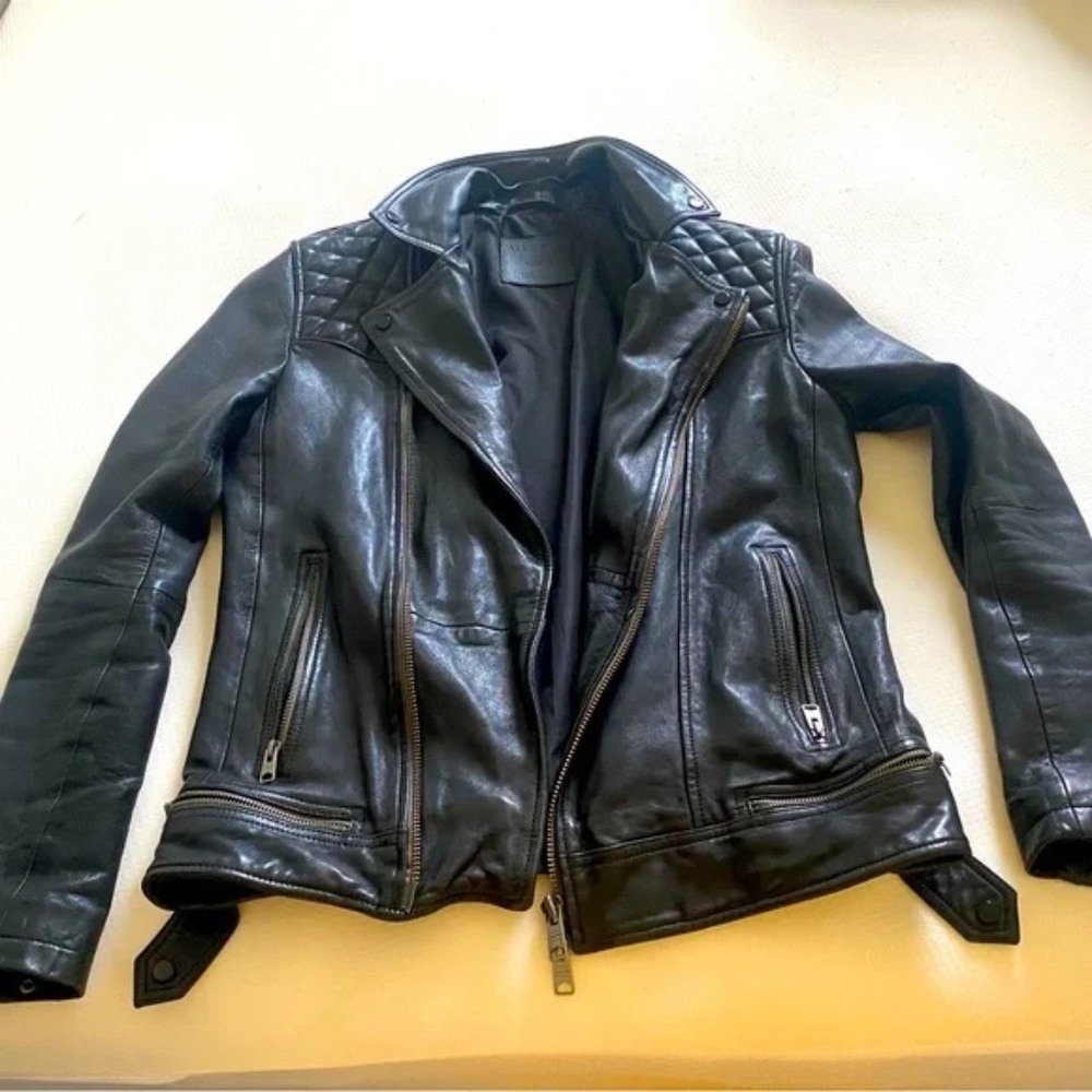 All Saints Conroy Leather Jacket - Medium - Ink Navy/Black